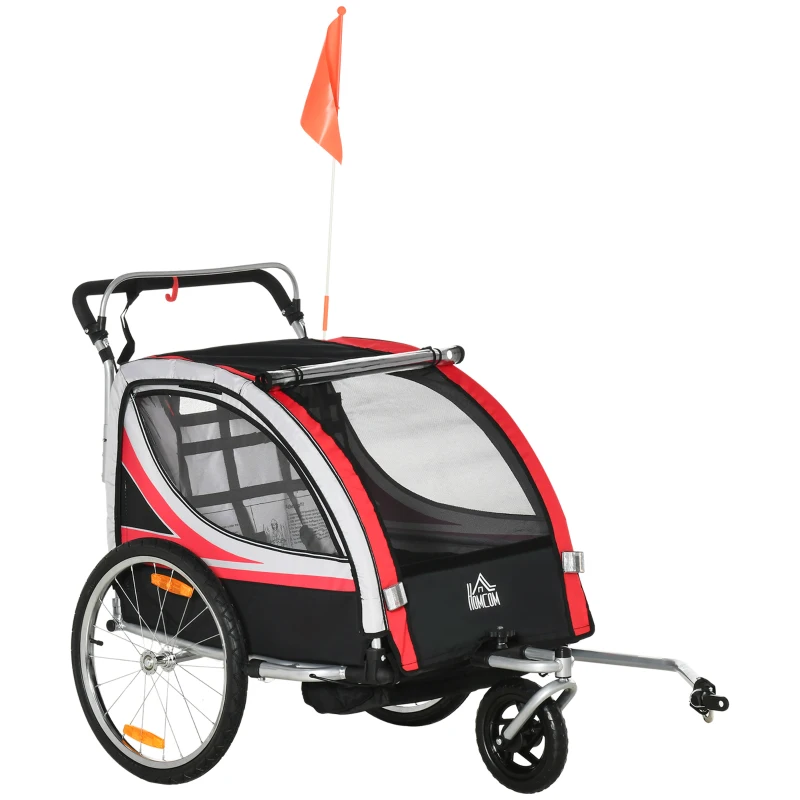HOMCOM Remolque de Bicicleta para Niños +18 Meses 2 en 1 Cochecito de Paseo de 2 Plazas con Freno de Mano Cinturón de Seguridad Bandera y Reflectores 142x75x101 cm Rojo