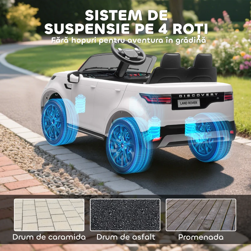 AIYAPLAY Mașină Electrică pentru Copii cu Licență Land Rover, Faruri LED, Claxon și Telecomandă, 105x68.5x58 cm, Albă