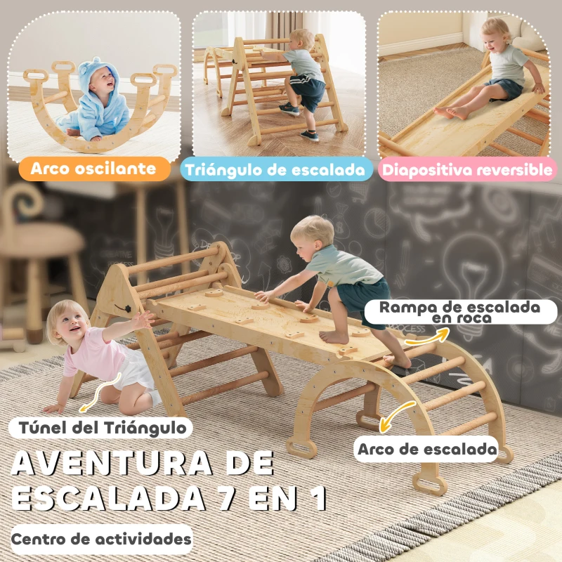 AIYAPLAY 7 en 1 Triángulo de Escalada Montessori de Madera Plegable con Arco y Rampa para Niños 18-48 Meses 188x70 cm Natural