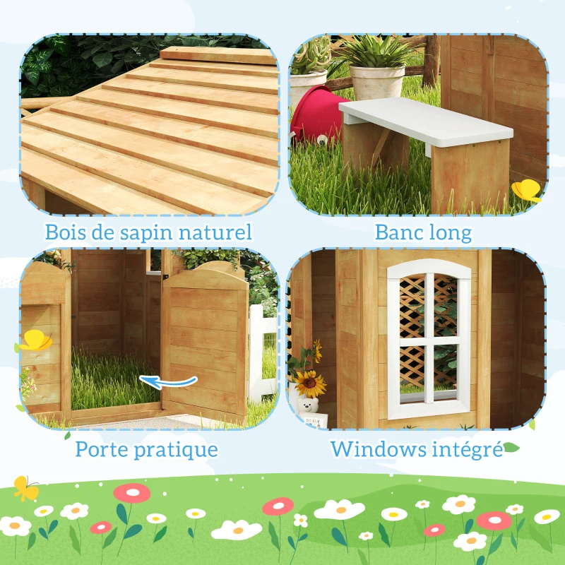Outsunny Cabane de jeu pour enfant maison de jardin en bois porte et fenêtres, banc, boite aux lettres, clôture, de 3 à 6 ans