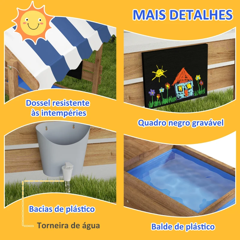 Outsunny Caixa de Areia para Crianças de Madeira com Toldo Torneira e Ardósia para Pátio Jardim 124x116x146 cm Castanho