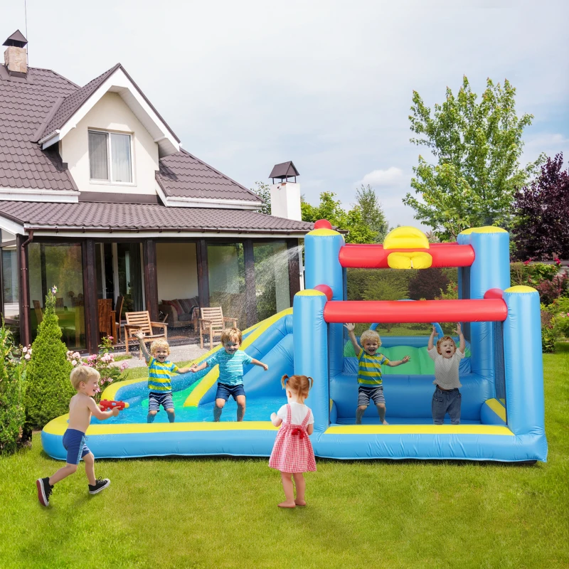 AIYAPLAY Inflatable Bouncy Castle with 550W Blower, Basketball Hoop, Long Slide, Dart Board, Carrying Bag, 385 x 290 x 180 cm