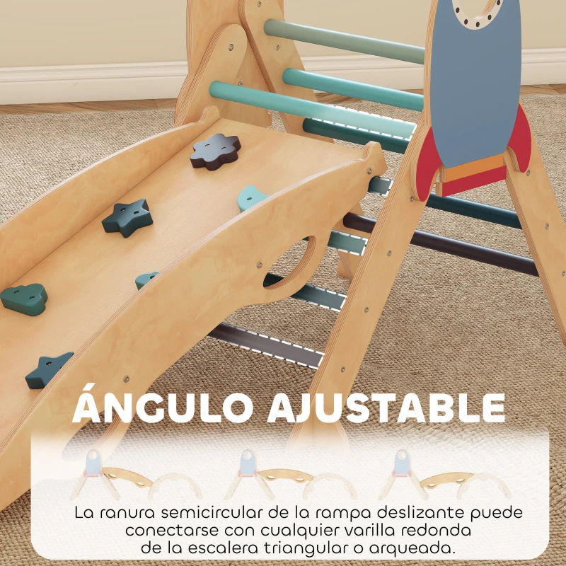 AIYAPLAY 8 en 1 Triángulo de Escalada Montessori de Madera Tema de Cohetes con Arco y Rampa para Niños de 18-48 Meses Azul