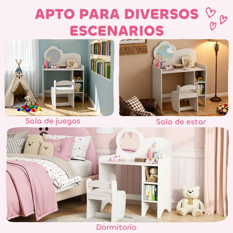 AIYAPLAY Tocador de Maquillaje Niña 2 en 1 Escritorio con Taburete Espejo Estantes Abiertos para Niños +3 Años Blanco