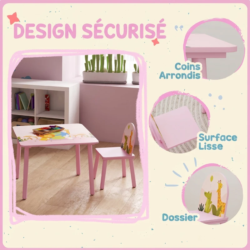 AIYAPLAY Table enfant avec chaise, ensemble table et 2 chaises en bois pour dessiner, jouer, étudier, rose