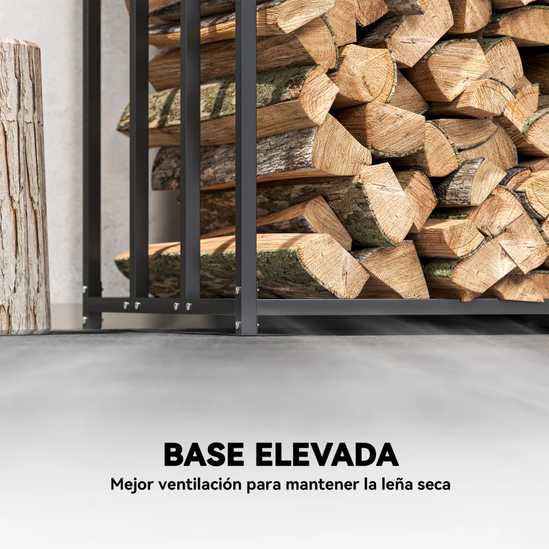 Outsunny Leñero Exterior Metálico de Chimenea Soporte para Leña con Cubierta Impermeable 186x70x185 cm Negro