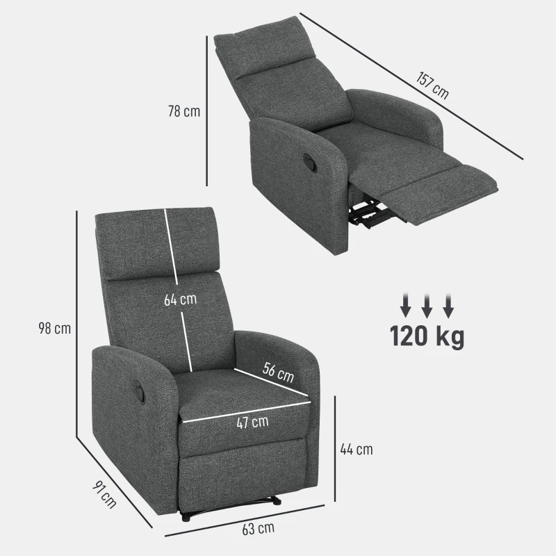 HOMCOM Relaxfauteuil, verstelbare ligstoel met aanpasbare beensteun, moderne woonkamerfauteuil met stoffen bekleding, grijs(m-3)