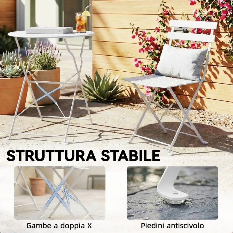 Outsunny Set Bistrò da Esterno Pieghevole con Tavolo e 2 Sedie, Bianco
