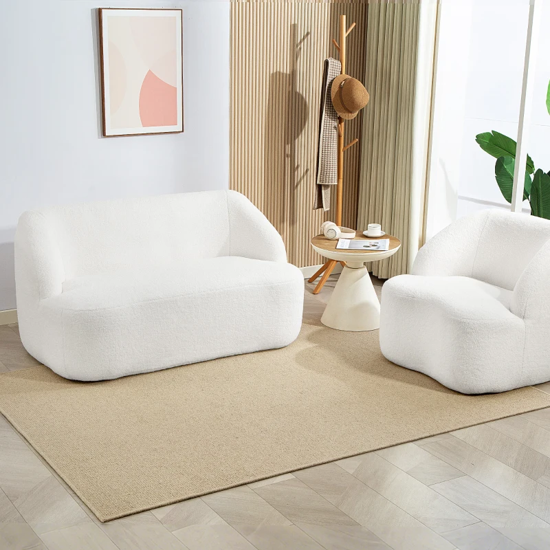 HOMCOM 2-zitsbank, vloeiend ontwerp, stoffen bank met fleece bekleding, voor woonkamer, slaapkamer, thuiskantoor, Crème wit(m-8)