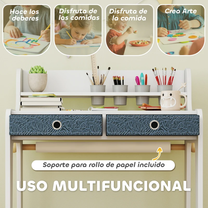 AIYAPLAY Escritorio Infantil con Silla Pupitre Infantil con 2 Cajones y Estante Mesa 62,8x55,6x73,8 cm y Silla 31,5x35x65,5 cm