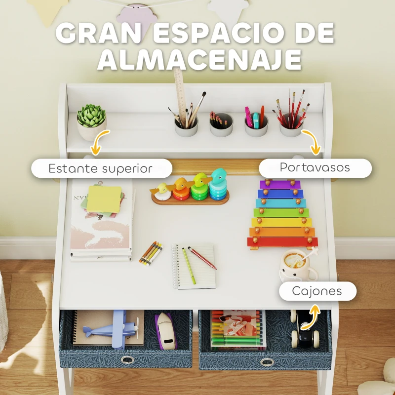 AIYAPLAY Escritorio Infantil con Silla Pupitre Infantil con 2 Cajones y Estante Mesa 62,8x55,6x73,8 cm y Silla 31,5x35x65,5 cm