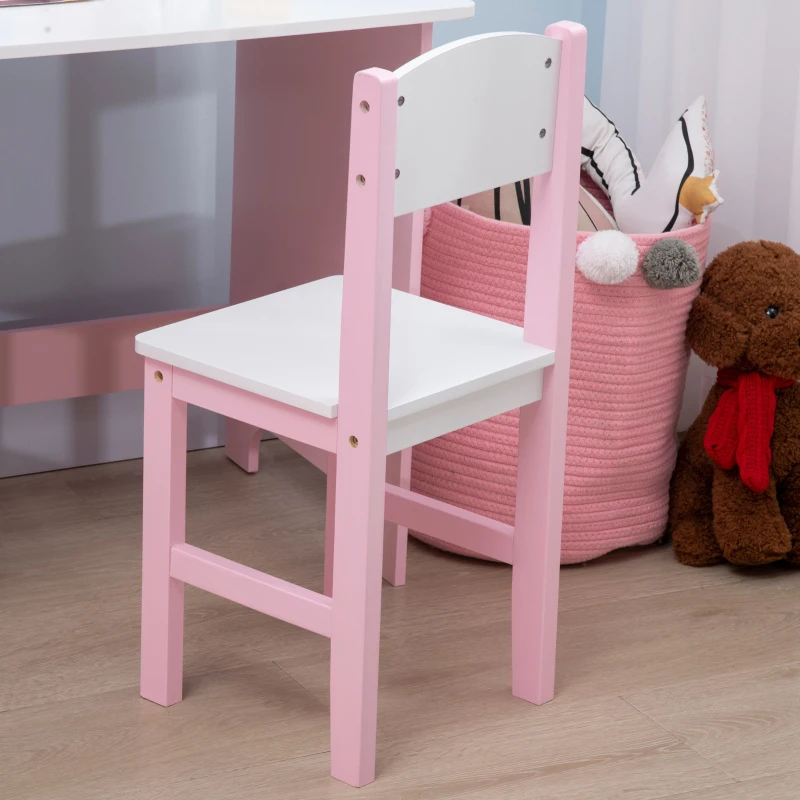 HOMCOM Set Tavolo e Sedie per Bambini 5+ Anni in Legno con Banco Scuola e Sedia Bianco e Rosa