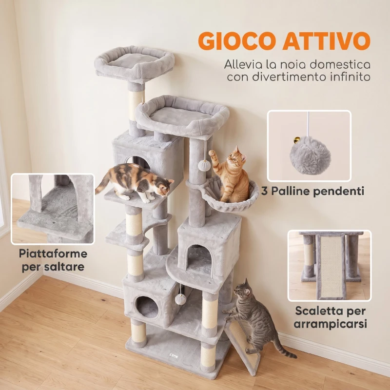 PawHut Albero Tiragraffi Alto 200 cm con Pali in Sisal, 2 Cucce, 3 Casette, Amaca, Grigio Chiaro