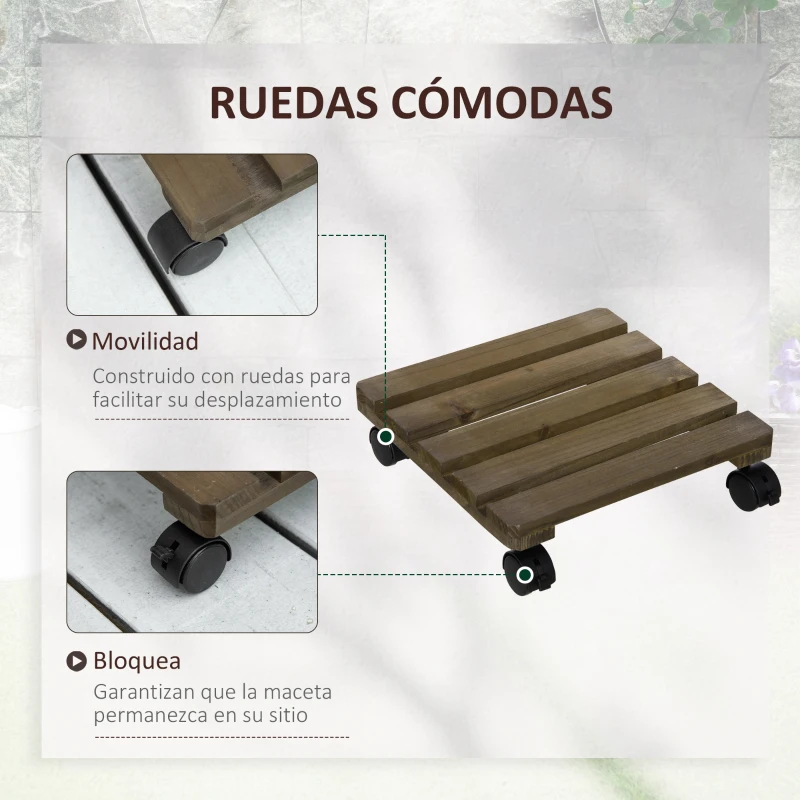 Outsunny Pack de 2 Plataformas con Ruedas de Madera Soportes para Plantas Macetas Exterior Interior Carga 50 kg Marrón Oscuro