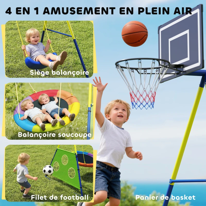 AIYAPLAY Balançoire Portique Enfants 4-en-1, avec Balançoire Nid, Panier de Basket et Cage de Football, Aire de Jeux, Multicolore