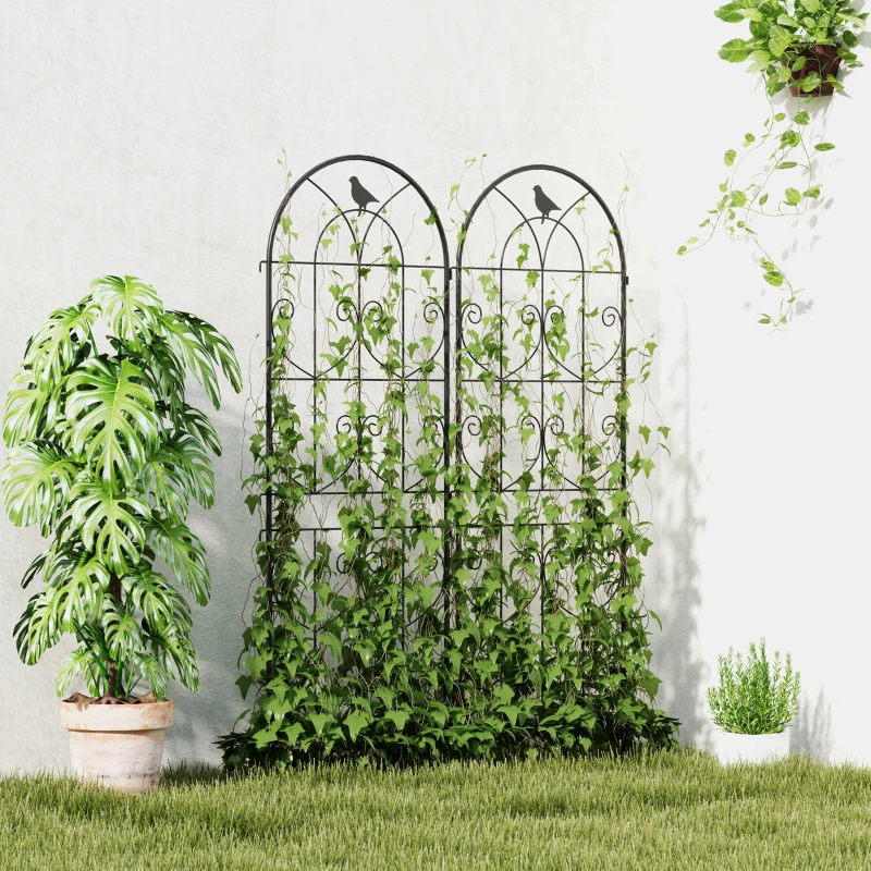 Outsunny Support pour plantes grimpantes avec oiseaux lot de 2 treillis de jardin pour légume vigne fleur métal 50 x 150 cm noir