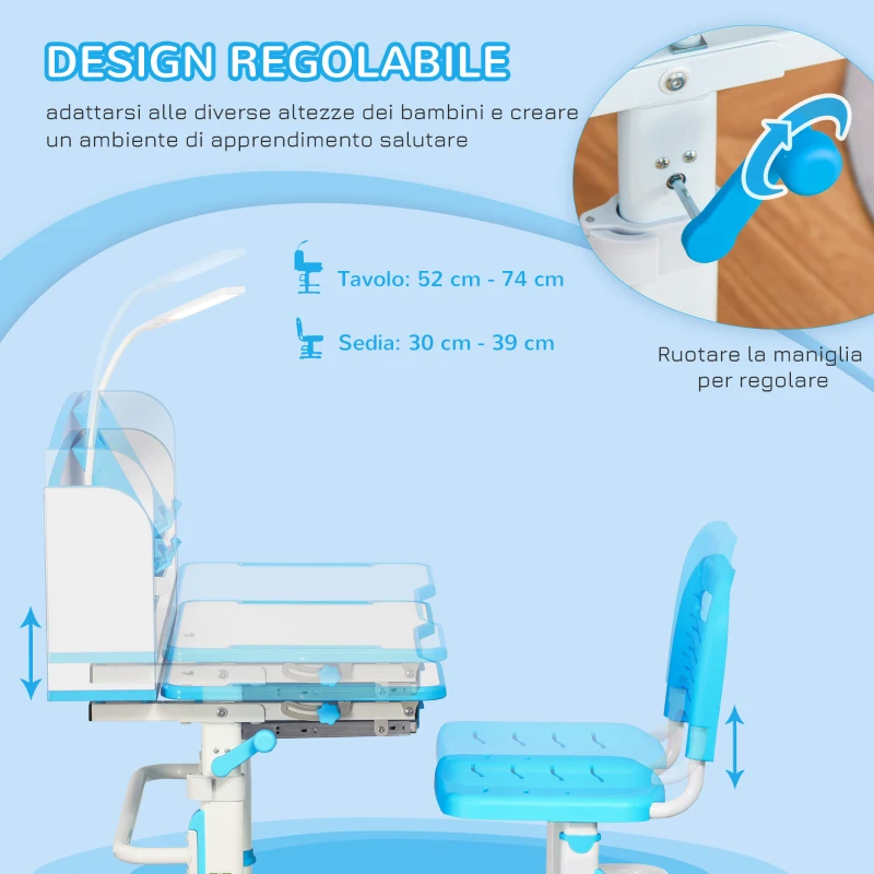 HOMCOM Banco Scuola per Bambini 6-12 Anni Regolabile con Luce LED, Leggio e Portapenne, in MDF, PP e Acciaio, Azzurro