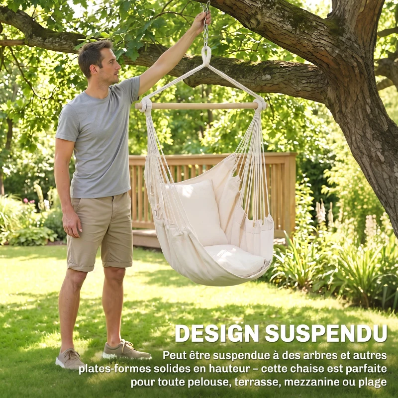 Outsunny Fauteuil suspendu extérieur chaise hamac avec 2 coussins, intérieur et extérieur, en tissu coton mélangé, crème