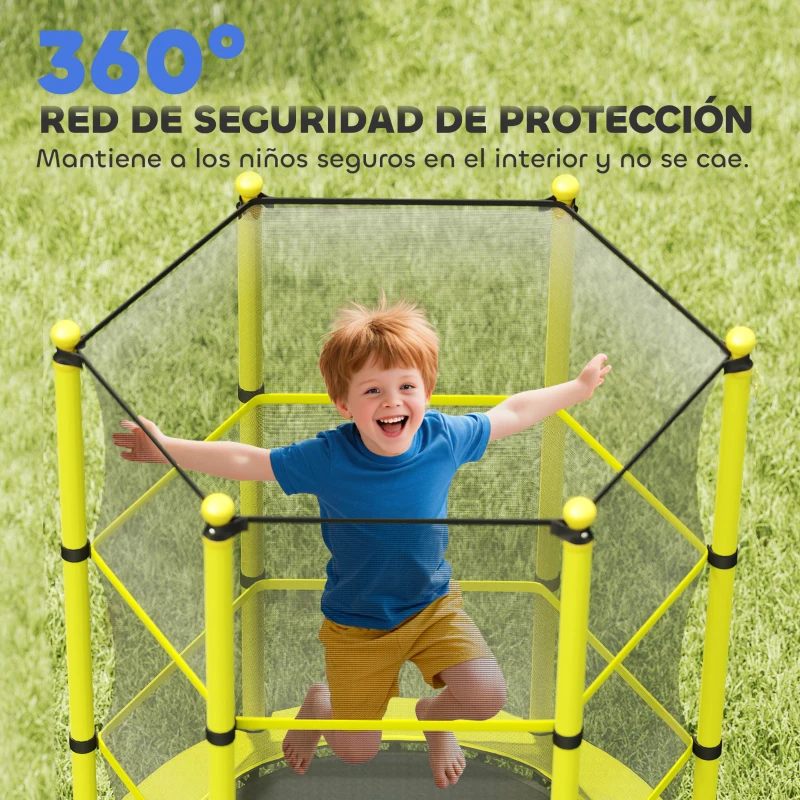 HOMCOM Cama Elástica Infantil Ø140 cm para Niños de 3-10 Años con Red de Seguridad Carga 50 kg para Interior Exterior Amarillo