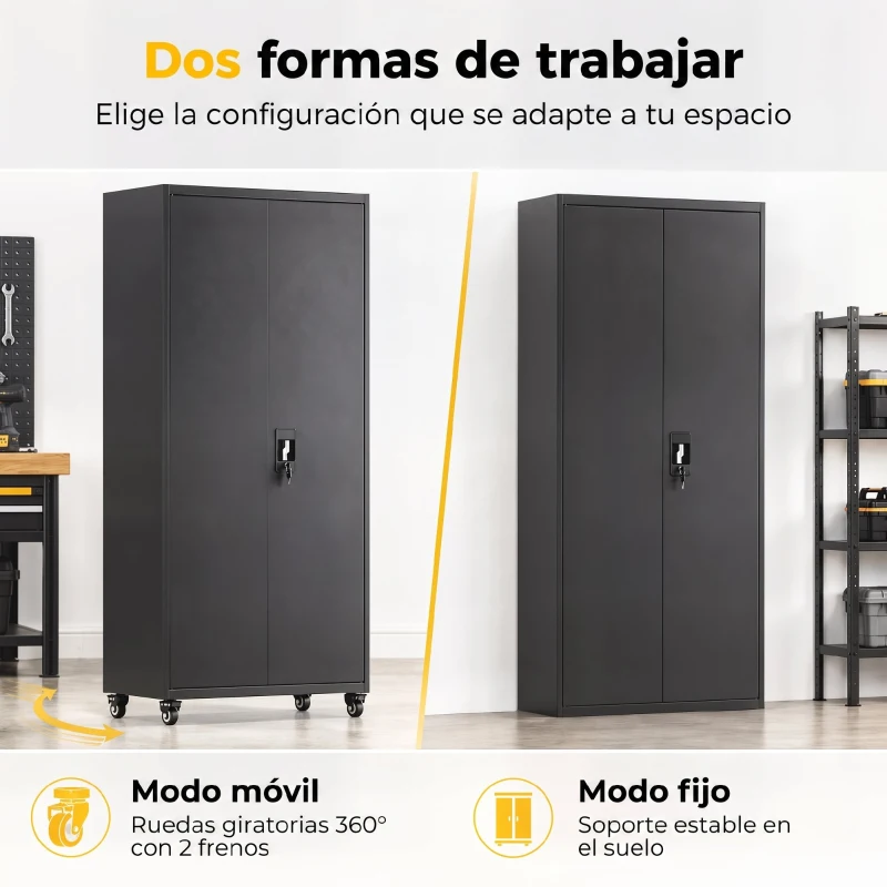 HOMCOM Armario de Herramientas de Acero 180 cm con Ruedas y Estantes Ajustables Negro
