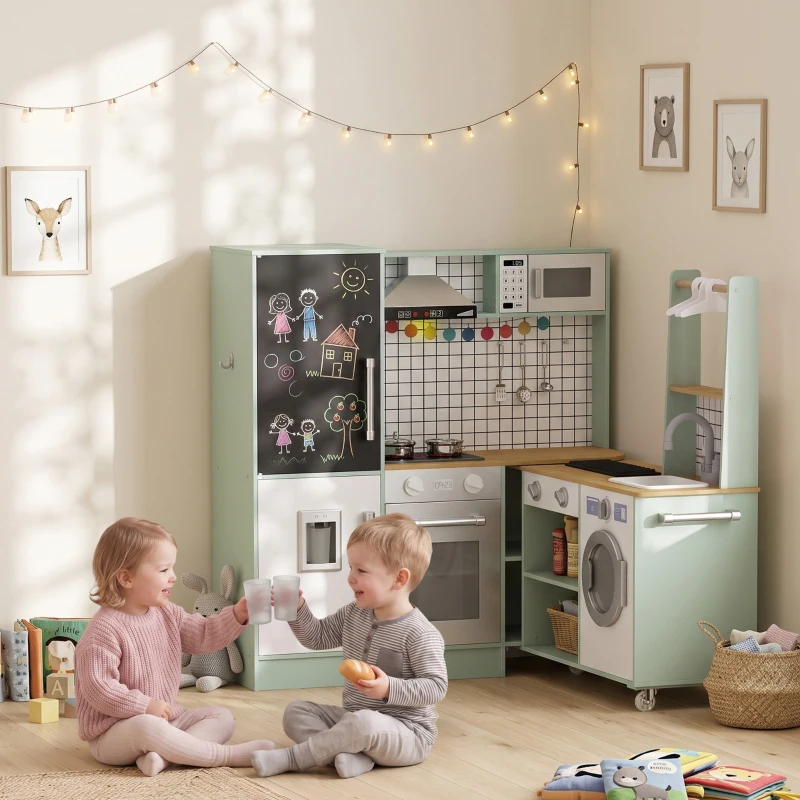 AIYAPLAY Cuisine Enfant Jouet d'Imitation, Micro-Ondes, Four, Plateau Rotatif sur Roulettes, 160x32x97,5cm, Vert Clair