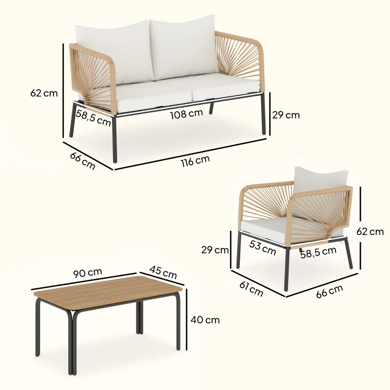 Outsunny Conjunto Jardín Exterior de 4 Piezas con Sofá 2 Sillones y Mesa WPC Ratán PE Tipo Cuerda Cojines Acolchados Blanco