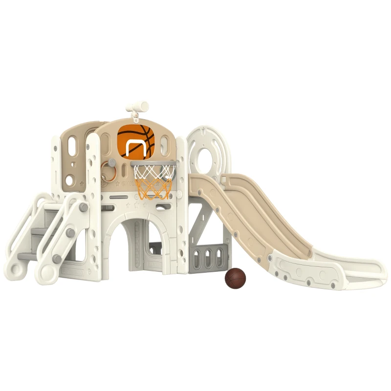 AIYAPLAY Kinderspeeltoestel, 7-in-1 glijbaan, indoor speelparadijs met opbergruimte en kruiptunnel, 186x153x111 cm, crèmewit(m-10)