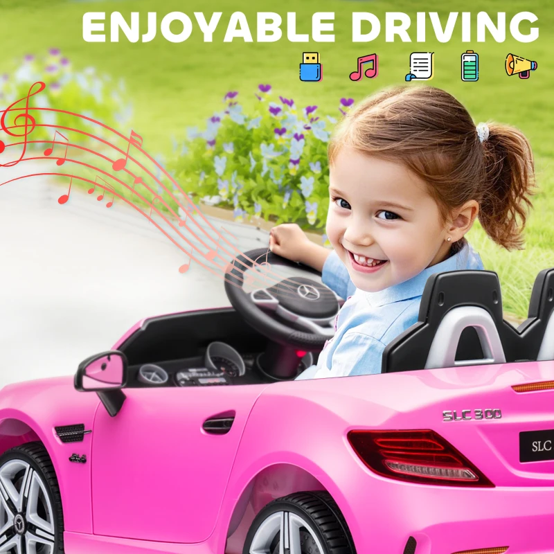 HOMCOM Benz SLC 300  Licensed 12V Kids Electric Ride On, with Music, Remote Control, LED Headlights, Horn, Pink