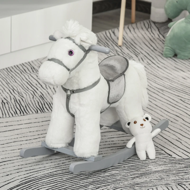 HOMCOM Kinder Schaukelpferd Baby Schaukeltier mit Tiergeräusche Spielzeug Haltegriffe für 18-36 Monate Plüsch Weiß 65 x 26 x 55 cm