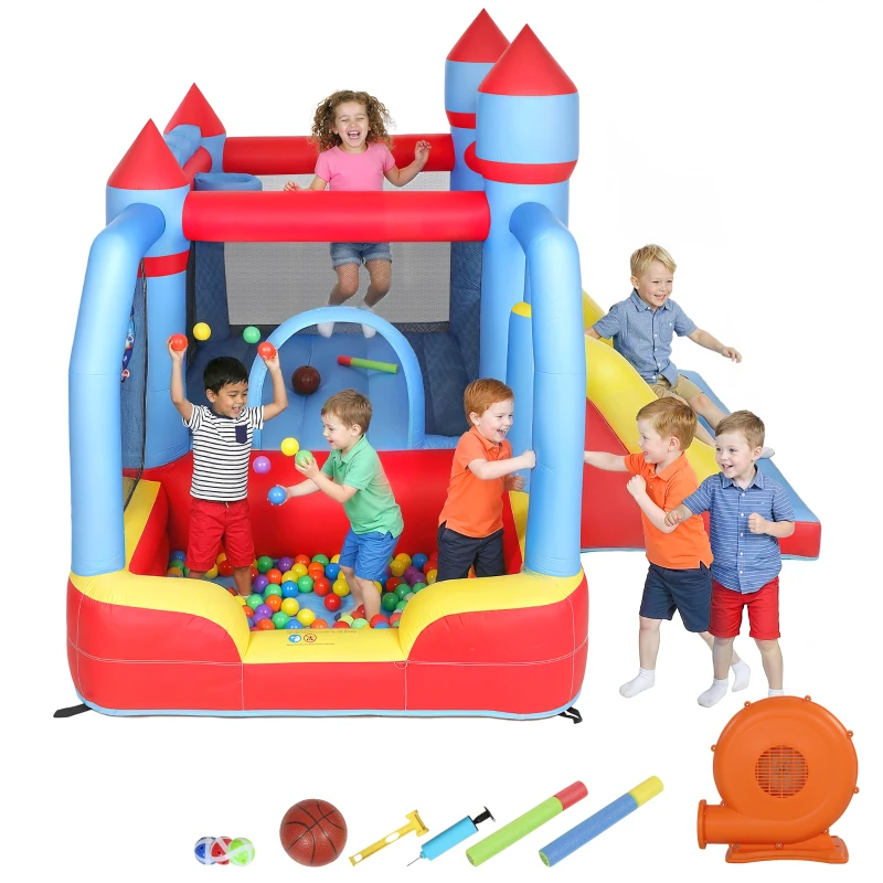 AIYAPLAY Castillo Hinchable para Niños con Soplador Tobogán Trampolín Piscina Pilar de Boxeo y Aro de Baloncesto 277x270x215 cm