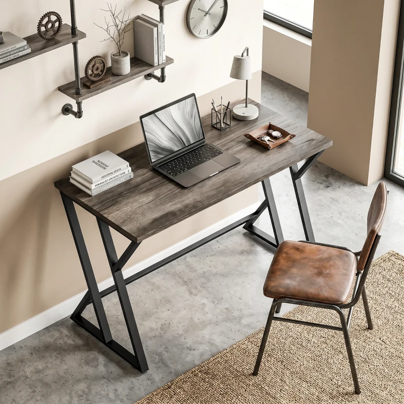 HOMCOM Schreibtisch Computertisch 120x60cm Bürotisch mit Z-förmigem Metallfuß, Holzoptik, Industriedesign für Büro, Grau