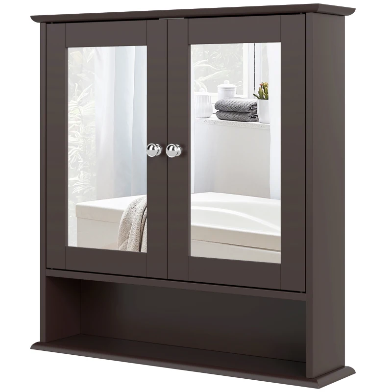 kleankin Armario de Baño con Espejo Armario de Pared con 2 Puertas Estante Abierto Estante Ajustable 56x13x58cm Marrón Oscuro