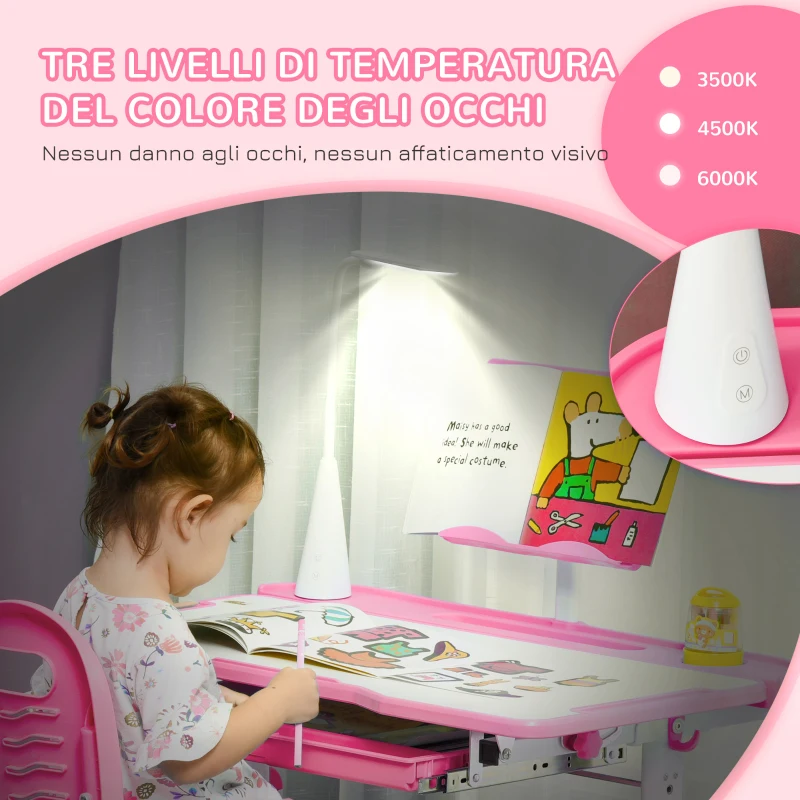 HOMCOM Set Scrivania per Bambini 6-12 Anni con Sedia Regolabile in Altezza, Cassetto, Luce e Piano Inclinabile, Rosa
