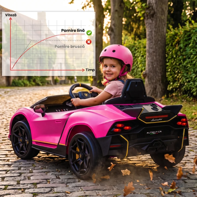 AIYAPLAY Mașină Electrică pentru Copii 3-6 Ani 12V Lamborghini Autentica, 2 Motoare, Uși Tip Foarfecă, Suspensii, Roz