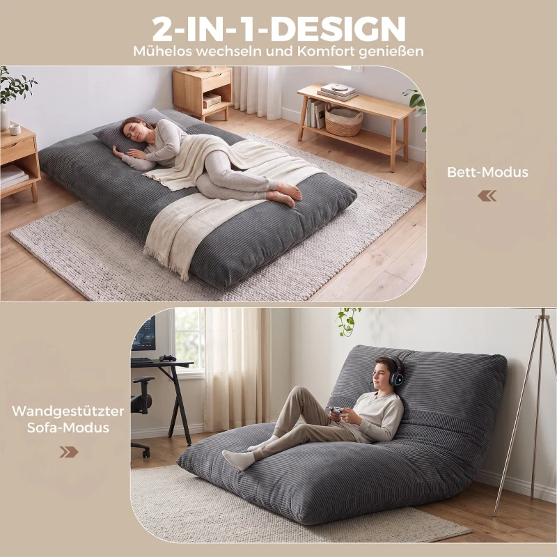 HOMCOM 2-in-1 vloerstoel van cord, inklapbare vloersofa voor lezen, gamen en mediteren, slaapbank voor de slaapkamer