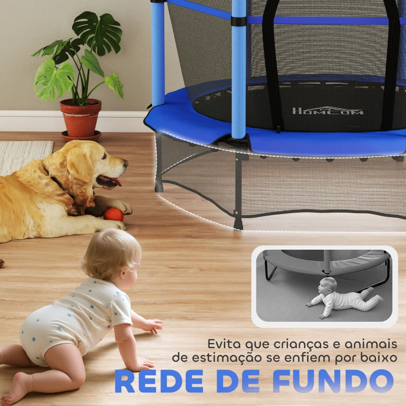 HOMCOM Trampolim para Crianças com Rede de Segurança e Estrutura de Aço para Interiores e Exteriores Carga 50kg Ø140x190 cm Azul