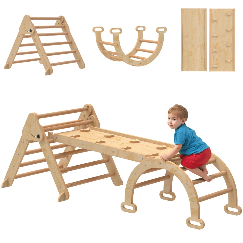 AIYAPLAY 5-in-1 klimrek: boogladder, driehoeksladder, helling, klimwand en glijbaan — voor kinderen 1,5-4 jaar, opvouwbaar, hout