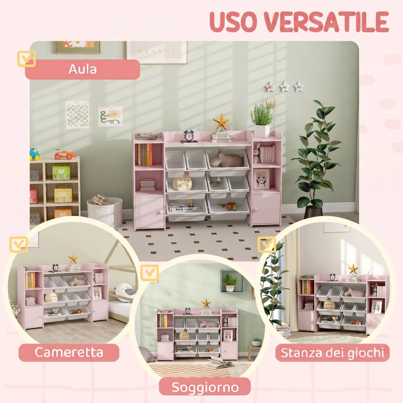 AIYAPLAY Scaffale Portagiochi per Bambini con 8 Contenitori Rimovibili e Armadietti, 140x30x90 cm, Rosa