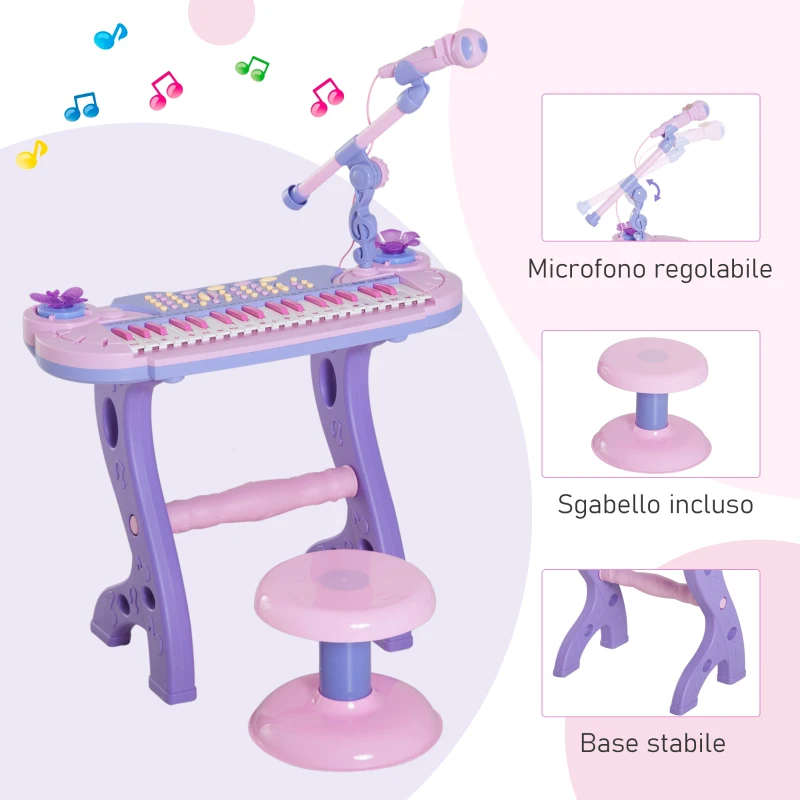 HOMCOM Pianola per Bambini a 37 tasti con Sgabello e Microfono, 12 Strumenti e 22 Musiche, Registrazione, MP3 e Karaoke, Rosa