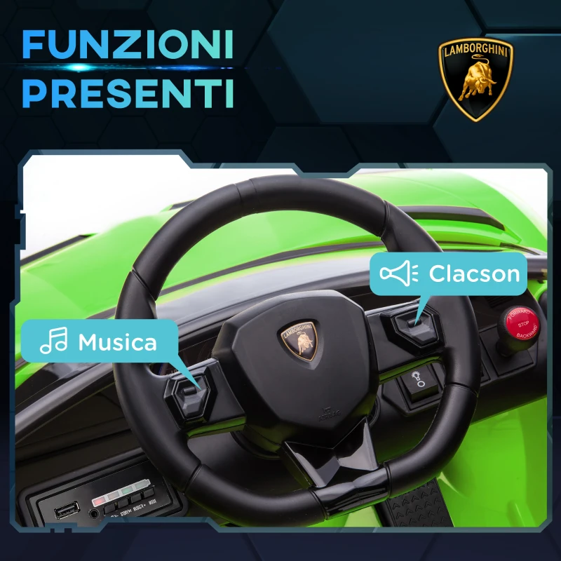 HOMCOM Macchina Elettrica per Bambini a 12V Licenza Lamborghini con Clacson e Telecomando, 107.5x64.5x47 cm, Verde