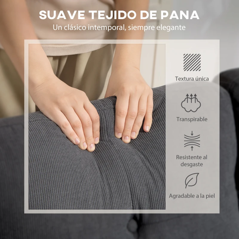 HOMCOM Sofá Chaise Longue Reversible de 3 Plazas Tapizado en Pana Marco de Acero para Espacios Reducidos Gris Oscuro