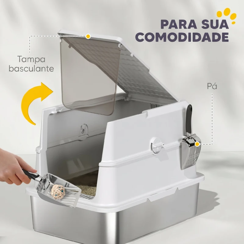 PawHut Caixa de Areia para Gatos Aço Inoxidável Interior XL com Pá Cinza Claro