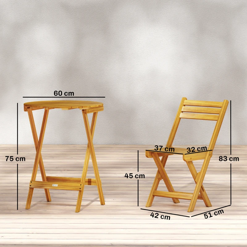Outsunny Ensemble de Bistrot 3 Pièces Pliable en Bois d'Acacia avec Table Ronde et 2 Chaises, san Montage, 60x60x75cm, Naturel