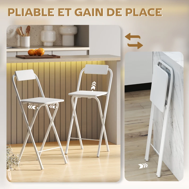 HOMCOM Lot de 2 tabourets de bar pliables avec dossier et repose-pieds, cadre en acier, 87 cm de haut, blanc