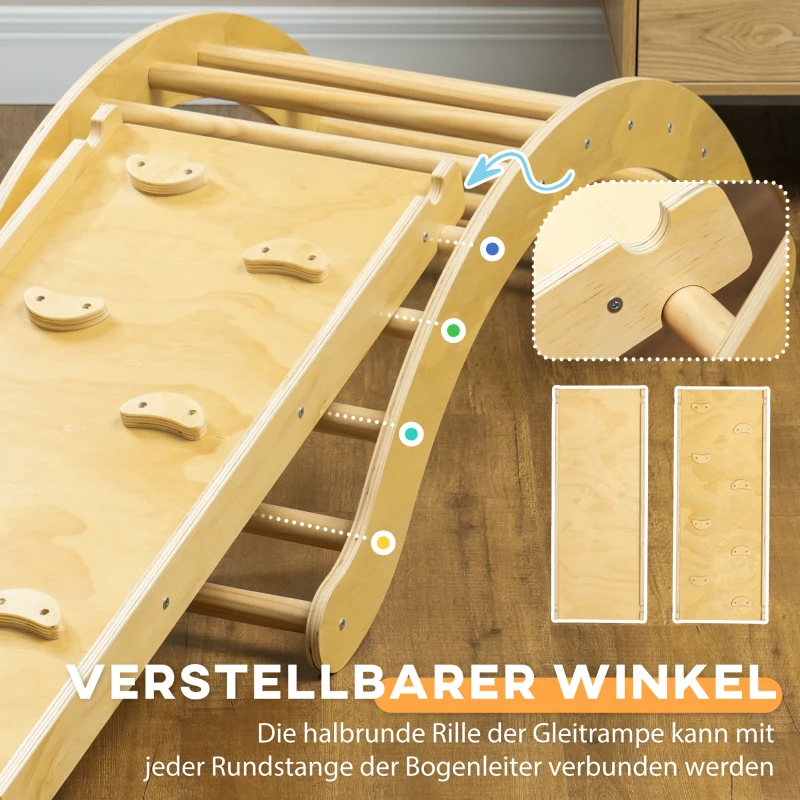 AIYAPLAY Kinder Klimset, 4-in-1 Ontwerp met Boogbrug, Schommelschommel, Kussen, Glijbaan, voor Binnenshuis, Hout