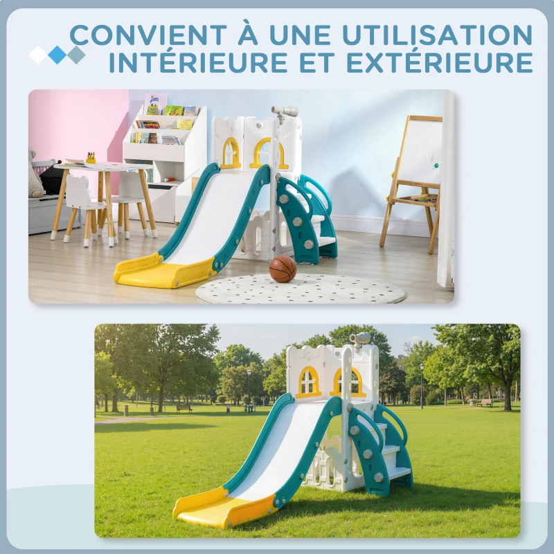 AIYAPLAY Toboggan pour enfants 5 en 1 avec panier de basket escalade télescope espace de rangement 70 x 177 x 92 cm jaune