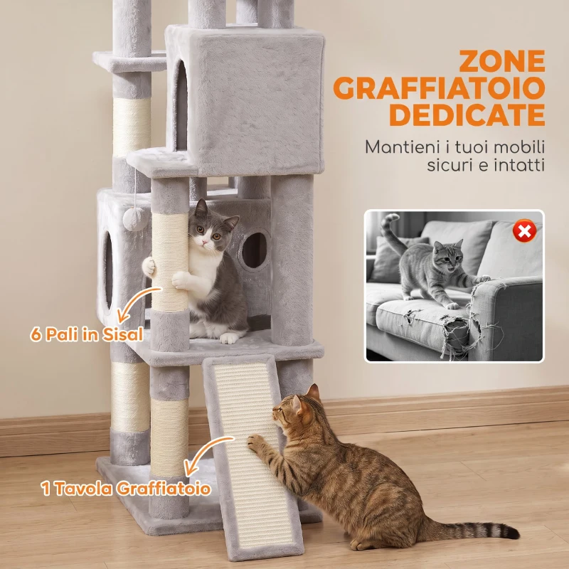 PawHut Albero Tiragraffi Alto 200 cm con Pali in Sisal, 2 Cucce, 3 Casette, Amaca, Grigio Chiaro