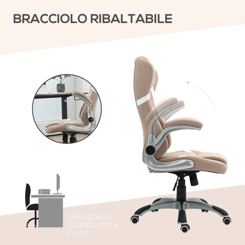 Vinsetto Sedia da Ufficio Reclinabile con Altezza Regolabile in Tessuto, 68x76x109-117 cm, Marrone Chiaro