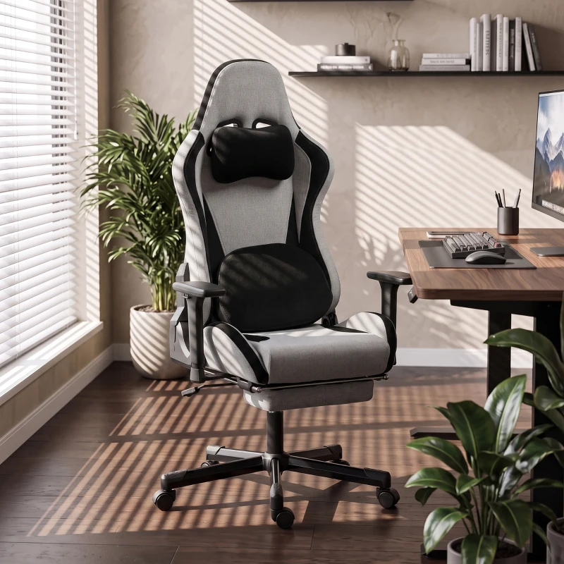 HOMCOM Cadeira Gaming Ergonômica com Massagem Aquecida Apoio para os Pés Tecido Cinza