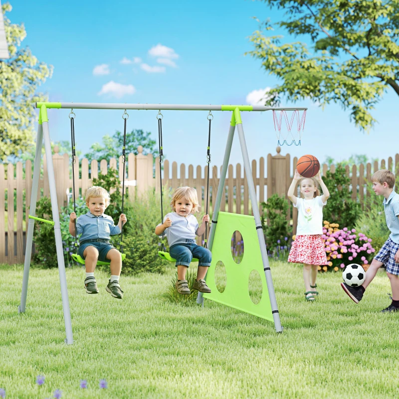 AIYAPLAY Schaukelset für Kinder, 2 Schaukelsitze, 1 Basketballkorb, 1 Fußballtor, Metallrahmen, Grün(m-2)